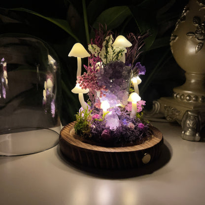 Enchanted Twilight: Natural Amethyst Cluster & Purple Mystic Forest Night Light | Handmade Crystal Mushroom Lamp