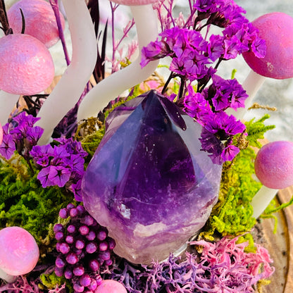 Violet Serenity: Natural Amethyst Point & Enchanted Midnight Forest | Handmade Crystal Mushroom Lamp