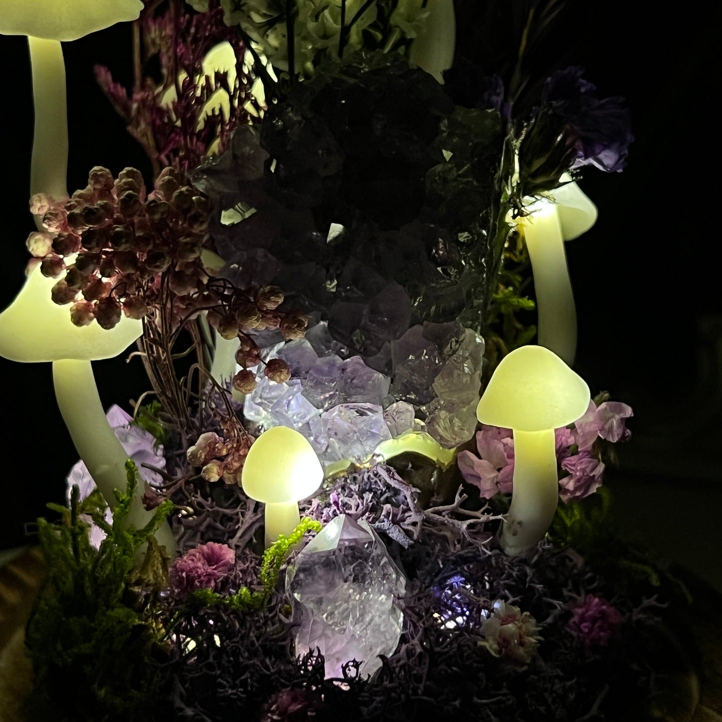 Enchanted Twilight: Natural Amethyst Cluster & Purple Mystic Forest Night Light | Handmade Crystal Mushroom Lamp
