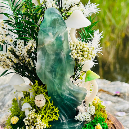 Mystic Forest Witch: Green Fluorite Goddess Night Light | Handmade Crystal Mushroom lamp