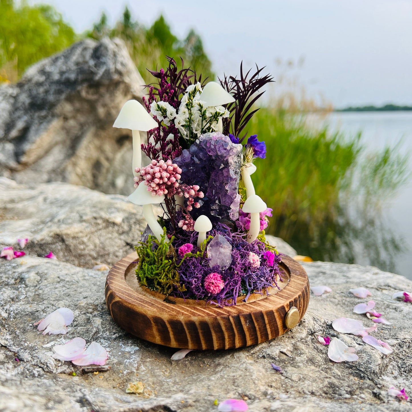 Enchanted Twilight: Natural Amethyst Cluster & Purple Mystic Forest Night Light | Handmade Crystal Mushroom Lamp