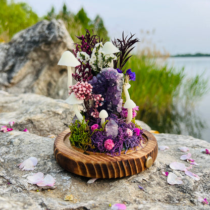 Enchanted Twilight: Natural Amethyst Cluster & Purple Mystic Forest Night Light | Handmade Crystal Mushroom Lamp