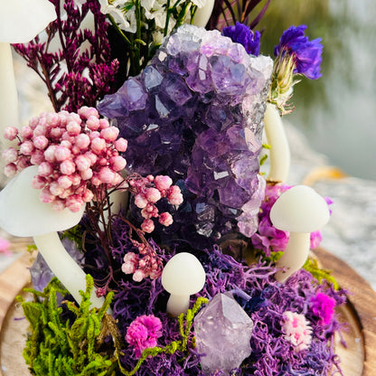 Enchanted Twilight: Natural Amethyst Cluster & Purple Mystic Forest Night Light | Handmade Crystal Mushroom Lamp