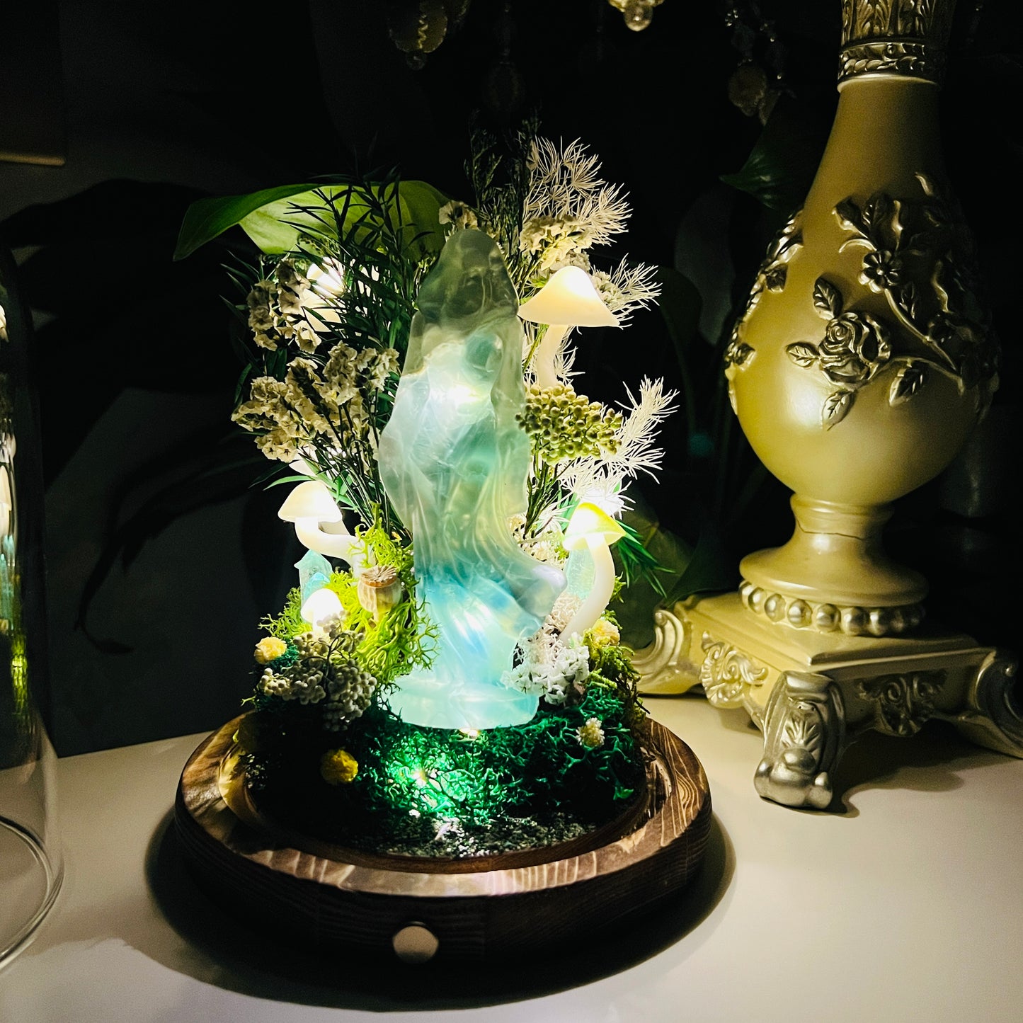 Mystic Forest Witch: Green Fluorite Goddess Night Light | Handmade Crystal Mushroom lamp