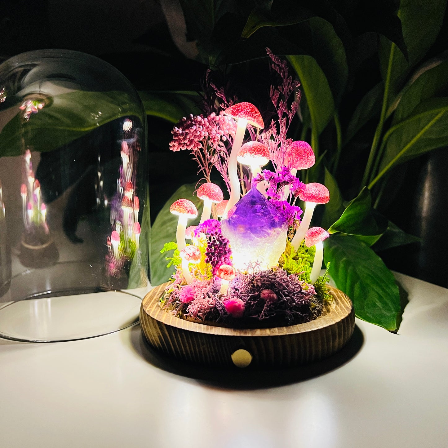 Violet Serenity: Natural Amethyst Point & Enchanted Midnight Forest | Handmade Crystal Mushroom Lamp