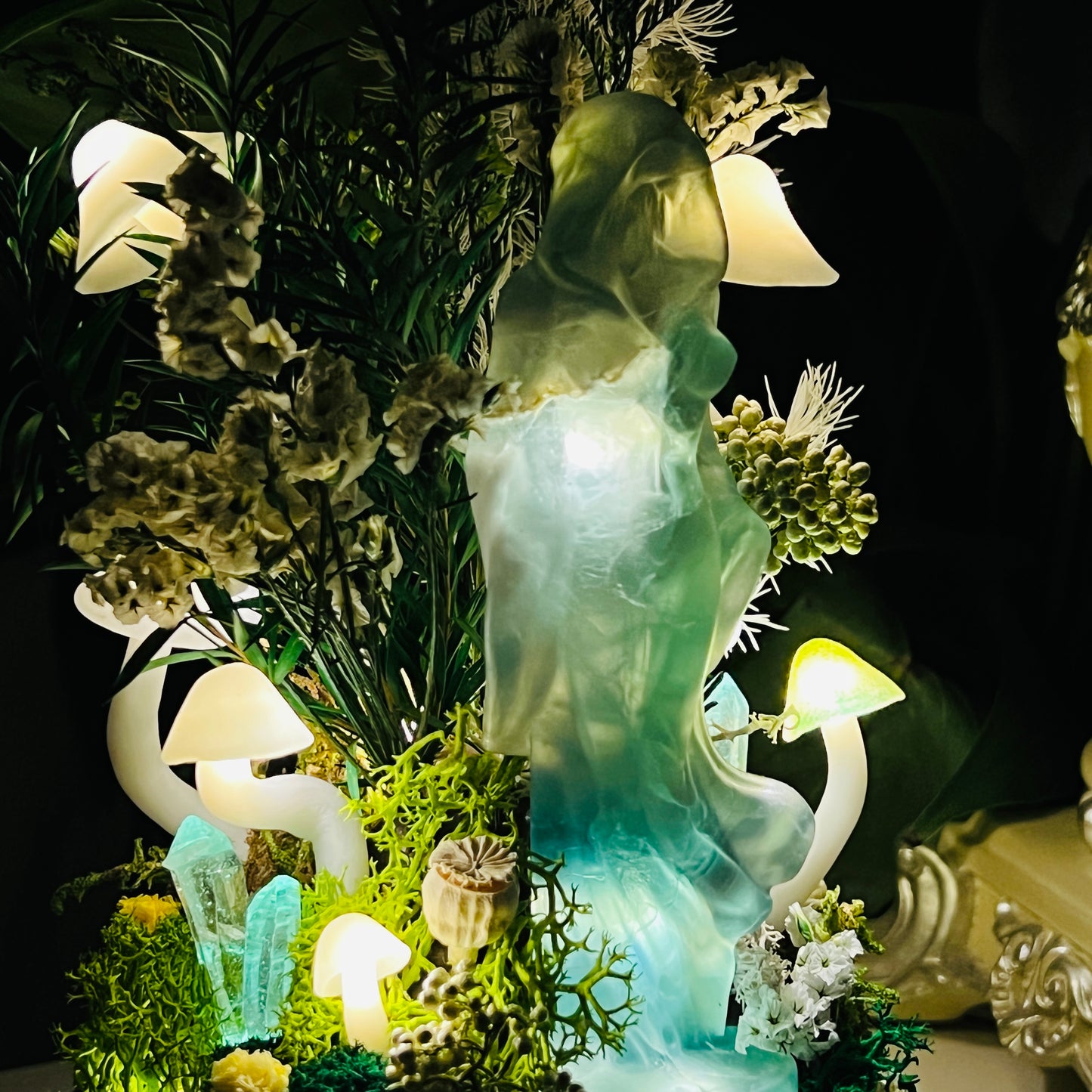 Mystic Forest Witch: Green Fluorite Goddess Night Light | Handmade Crystal Mushroom lamp