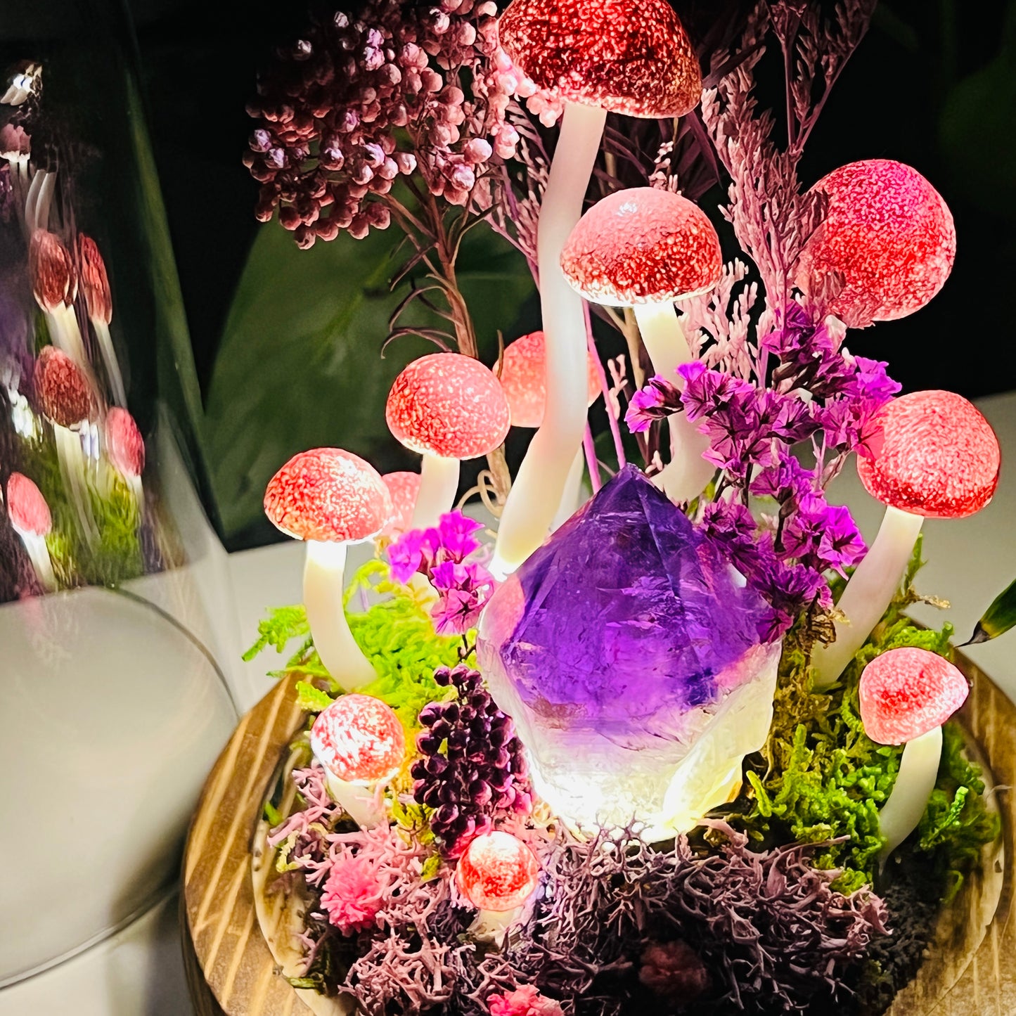 Violet Serenity: Natural Amethyst Point & Enchanted Midnight Forest | Handmade Crystal Mushroom Lamp
