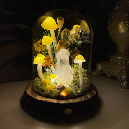 Ethereal Clarity: Natural Clear Quartz Cluster & Meadow Forest Night Light | Handmade Crystal Mushroom Lamp