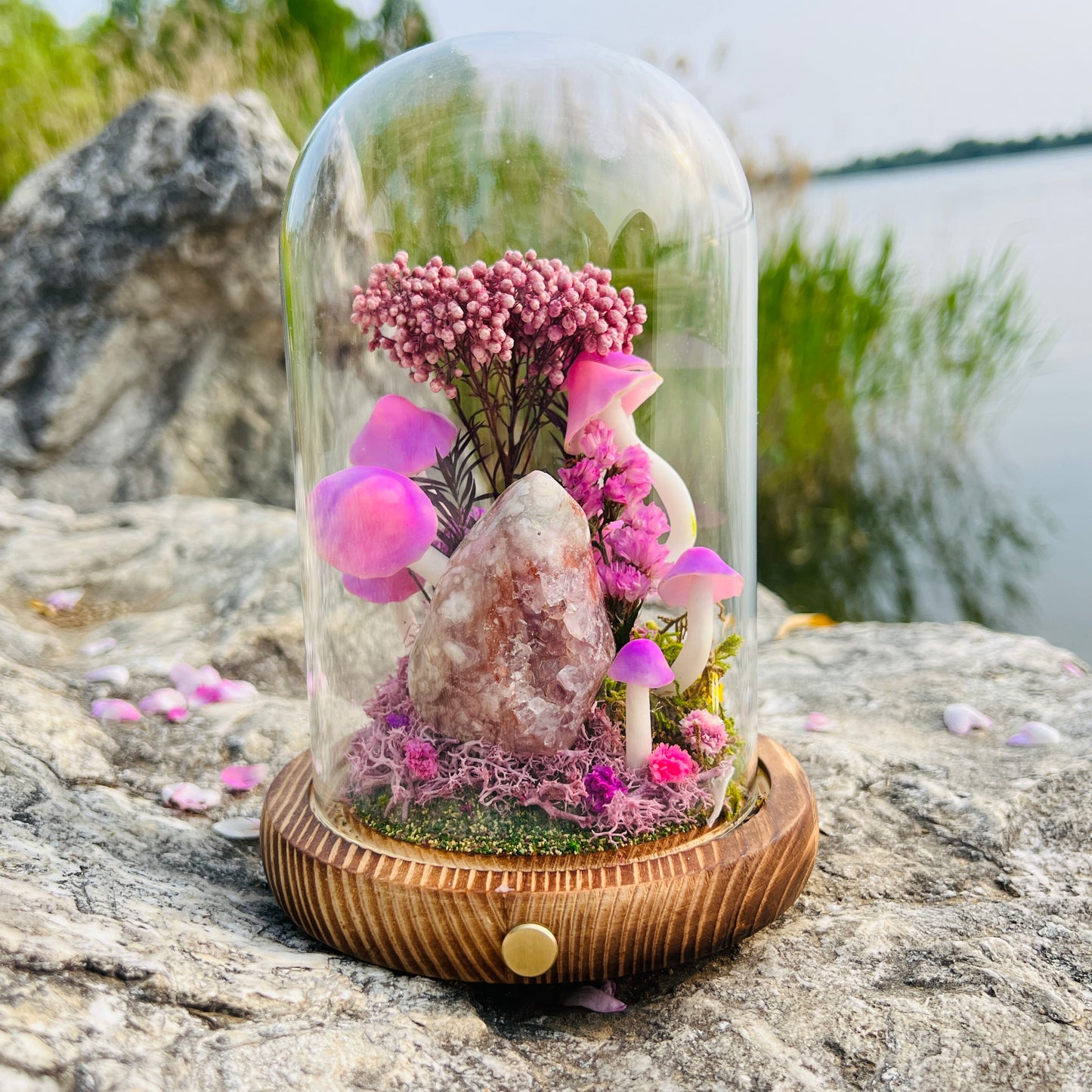 Natural Flower Agate Flame & Enchanted Pink Forest night light | Handmade Crystal Mushroom Lamp