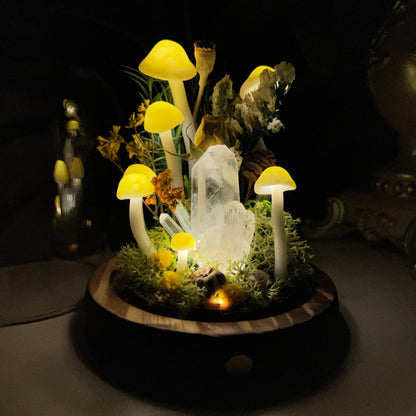Ethereal Clarity: Natural Clear Quartz Cluster & Meadow Forest Night Light | Handmade Crystal Mushroom Lamp