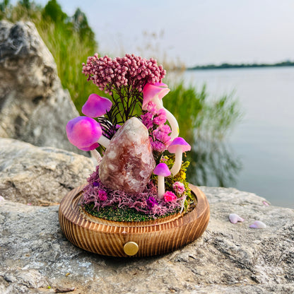 Natural Flower Agate Flame & Enchanted Pink Forest night light | Handmade Crystal Mushroom Lamp