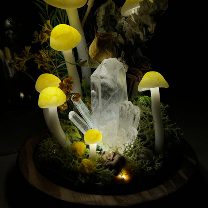 Ethereal Clarity: Natural Clear Quartz Cluster & Meadow Forest Night Light | Handmade Crystal Mushroom Lamp