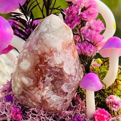 Natural Flower Agate Flame & Enchanted Pink Forest night light | Handmade Crystal Mushroom Lamp
