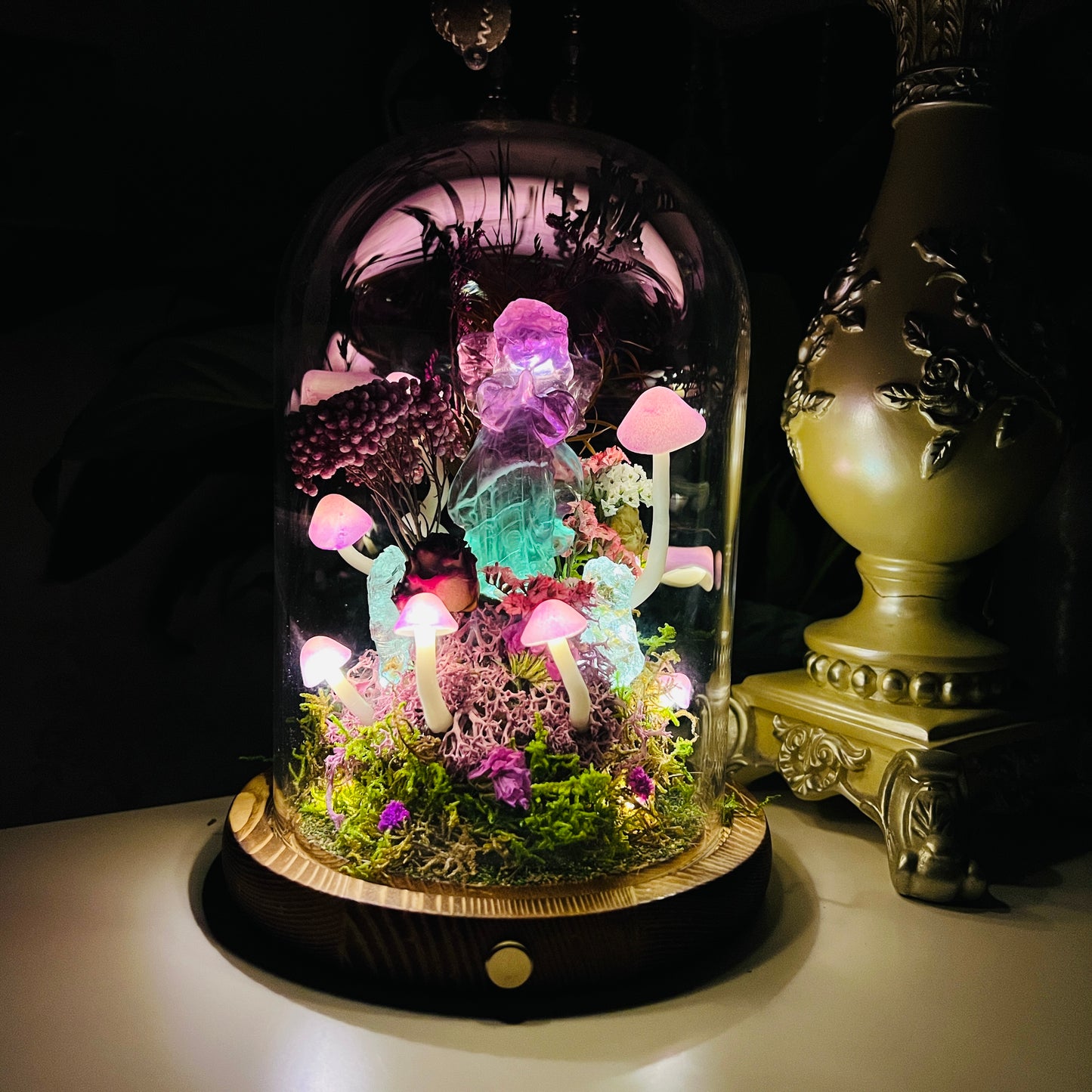 Mystic Glow: Fluorite Praying Angel & Enchanted Forest Night Light | Handmade Crystal Mushroom Lamp