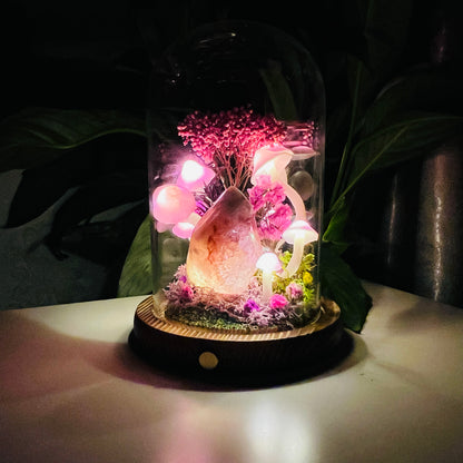 Natural Flower Agate Flame & Enchanted Pink Forest night light | Handmade Crystal Mushroom Lamp