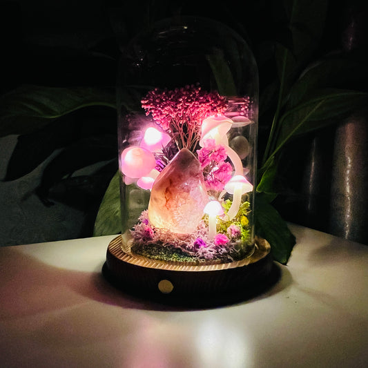 Natural Flower Agate Flame & Enchanted Pink Forest night light | Handmade Crystal Mushroom Lamp