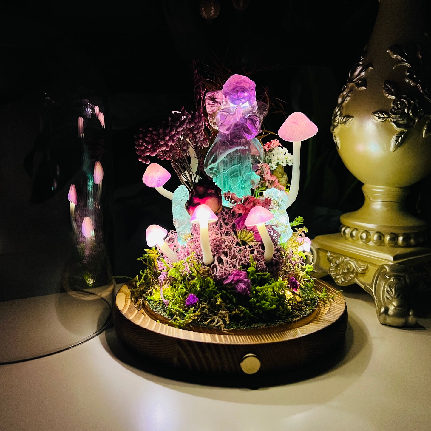 Mystic Glow: Fluorite Praying Angel & Enchanted Forest Night Light | Handmade Crystal Mushroom Lamp