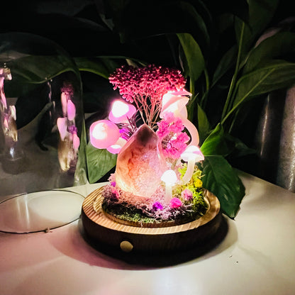 Natural Flower Agate Flame & Enchanted Pink Forest night light | Handmade Crystal Mushroom Lamp