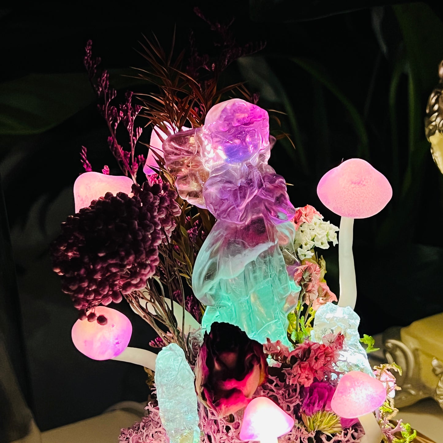 Mystic Glow: Fluorite Praying Angel & Enchanted Forest Night Light | Handmade Crystal Mushroom Lamp