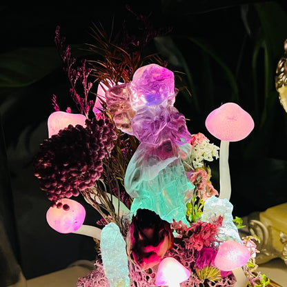 Mystic Glow: Fluorite Praying Angel & Enchanted Forest Night Light | Handmade Crystal Mushroom Lamp
