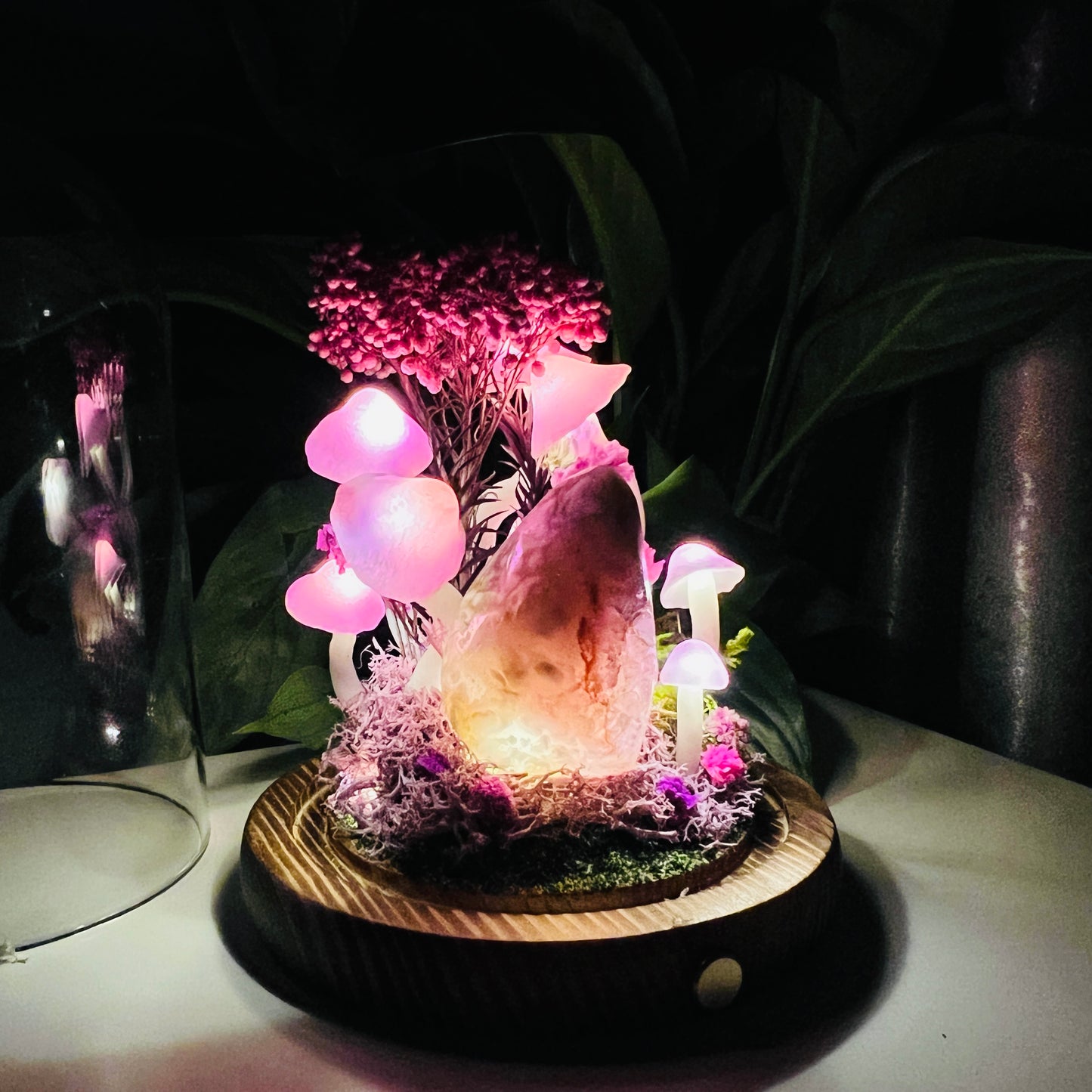 Natural Flower Agate Flame & Enchanted Pink Forest night light | Handmade Crystal Mushroom Lamp