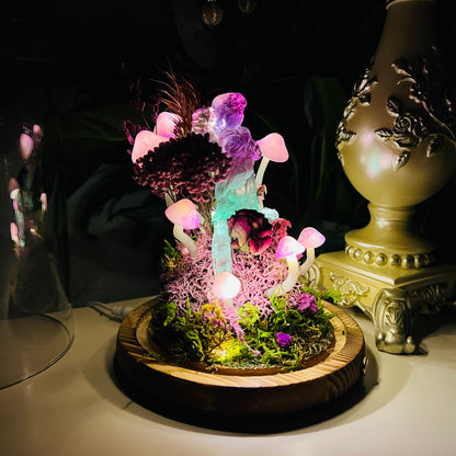 Mystic Glow: Fluorite Praying Angel & Enchanted Forest Night Light | Handmade Crystal Mushroom Lamp