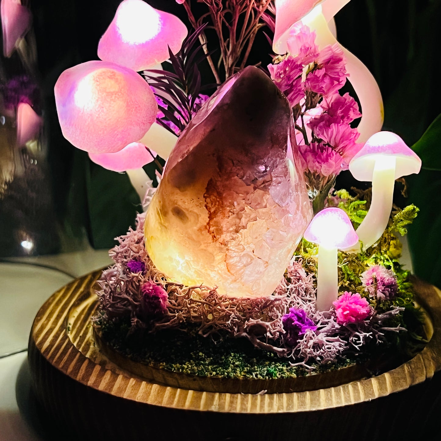 Natural Flower Agate Flame & Enchanted Pink Forest night light | Handmade Crystal Mushroom Lamp