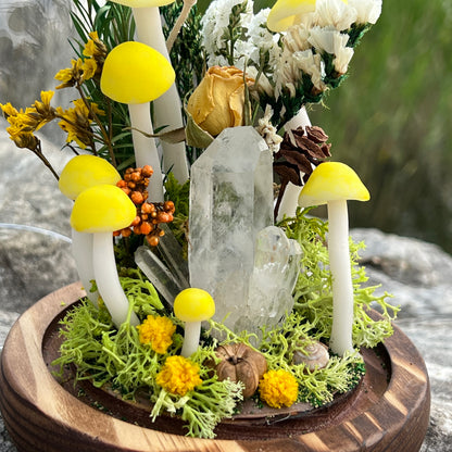 Ethereal Clarity: Natural Clear Quartz Cluster & Meadow Forest Night Light | Handmade Crystal Mushroom Lamp