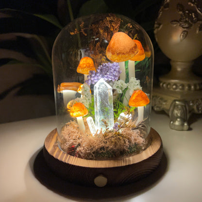 Tower of Light: Natural Clear Quartz Point & Autumnal Forest Night Light | Handmade Crystal Mushroom Lamp