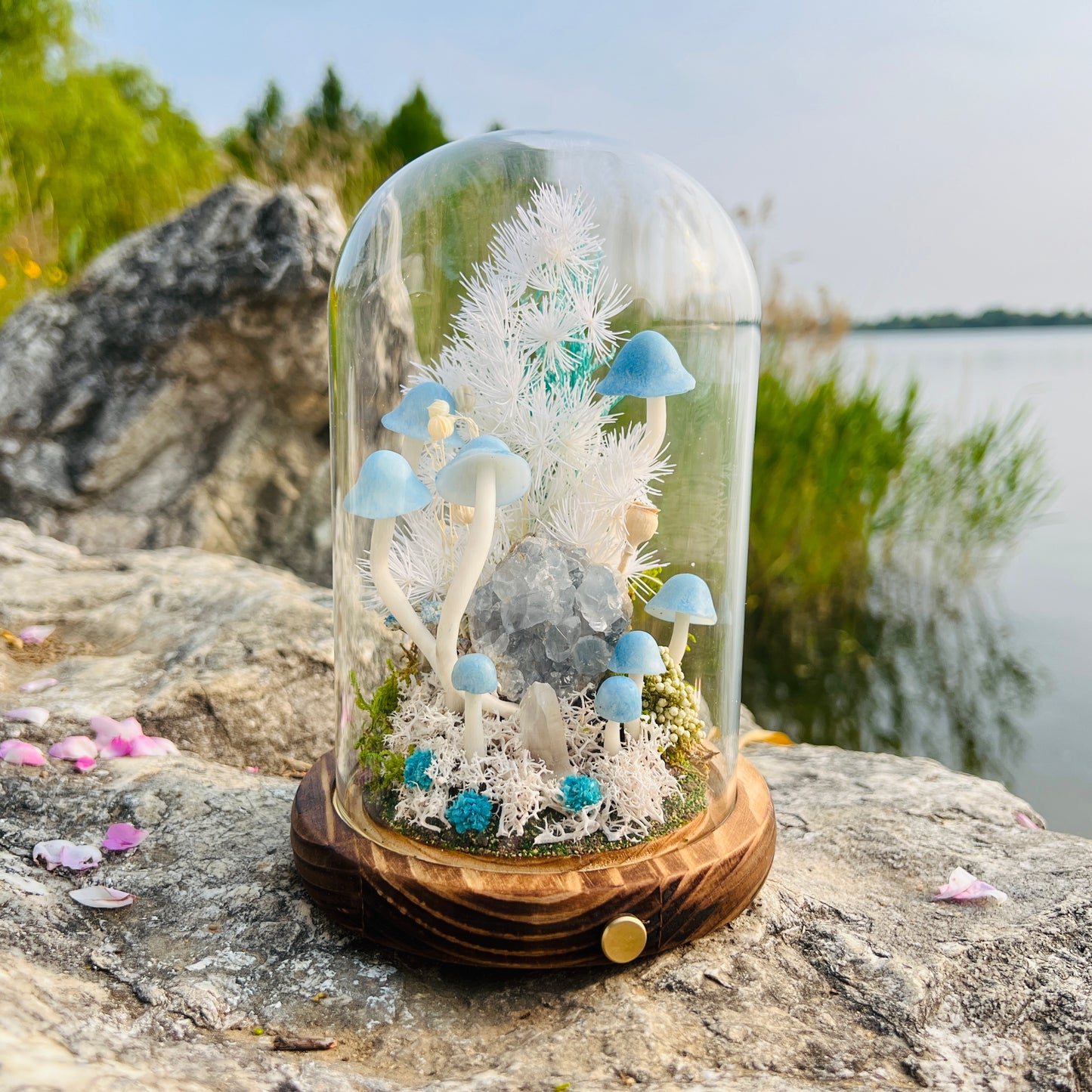 Natural Celestite Cluster & Enchanted Snowy Forest night light | Handmade Crystal Mushroom Lamp