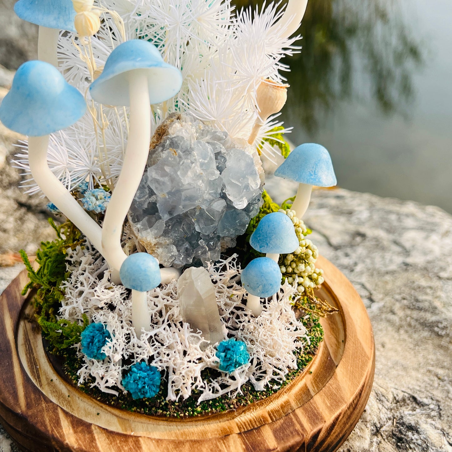 Natural Celestite Cluster & Enchanted Snowy Forest night light | Handmade Crystal Mushroom Lamp