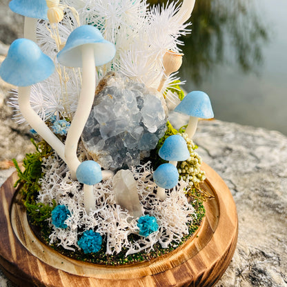 Natural Celestite Cluster & Enchanted Snowy Forest night light | Handmade Crystal Mushroom Lamp