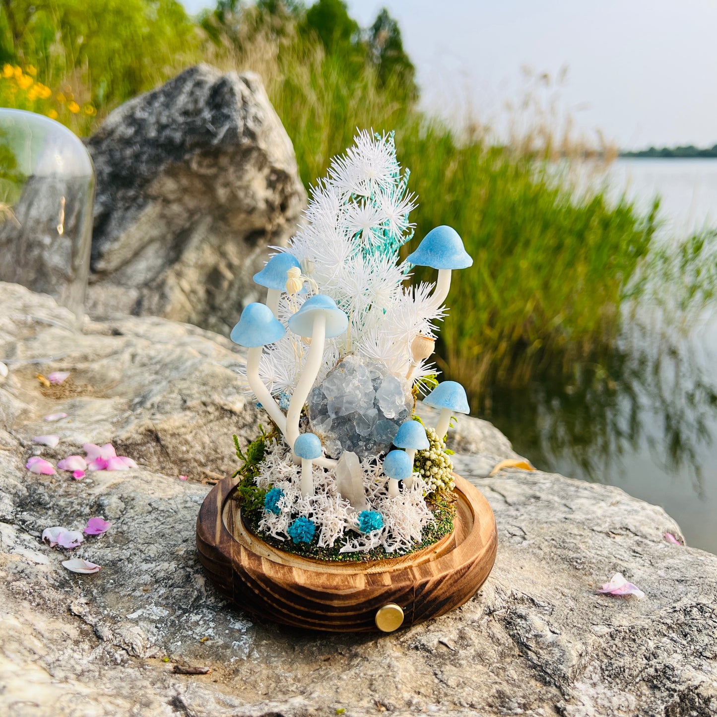 Natural Celestite Cluster & Enchanted Snowy Forest night light | Handmade Crystal Mushroom Lamp