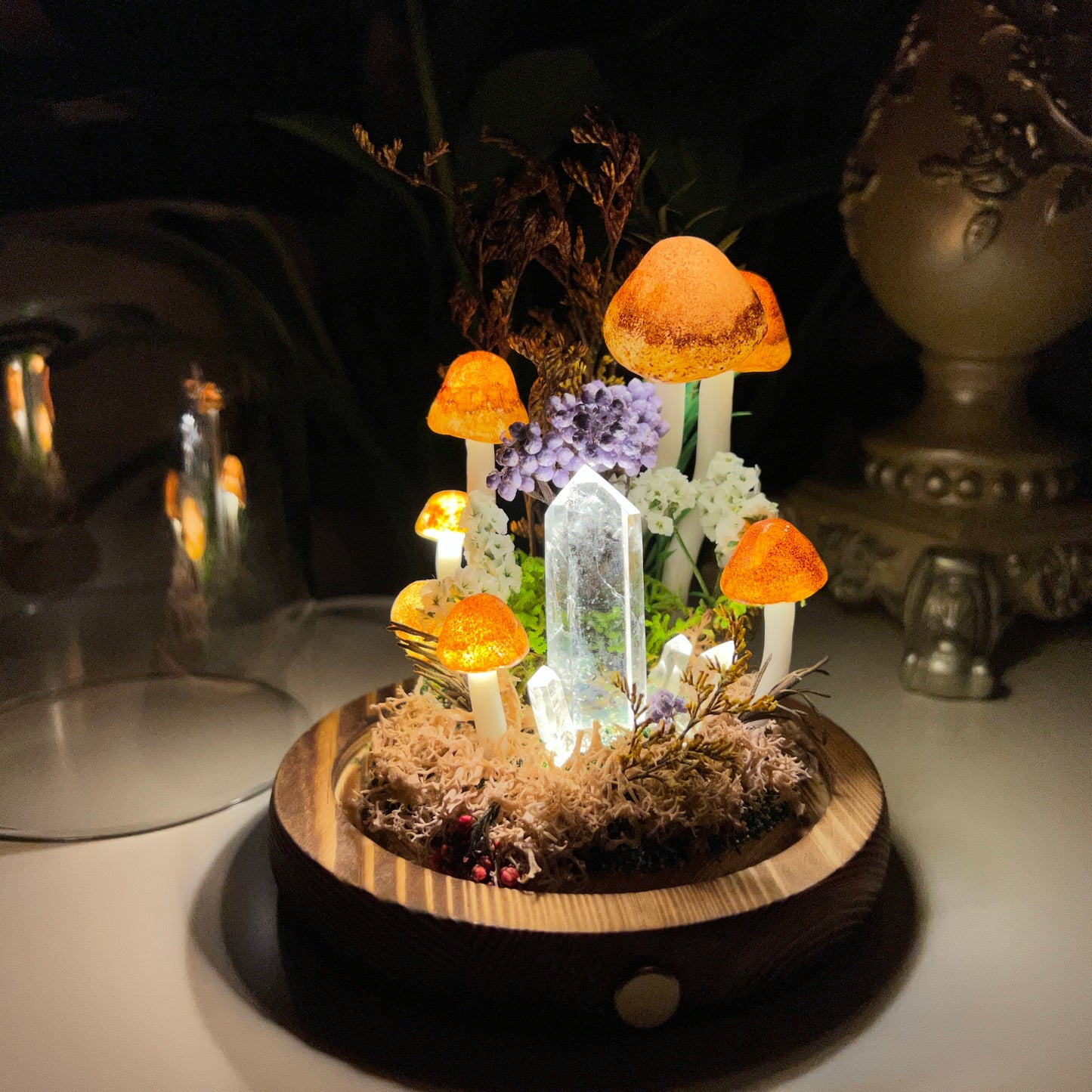 Tower of Light: Natural Clear Quartz Point & Autumnal Forest Night Light | Handmade Crystal Mushroom Lamp