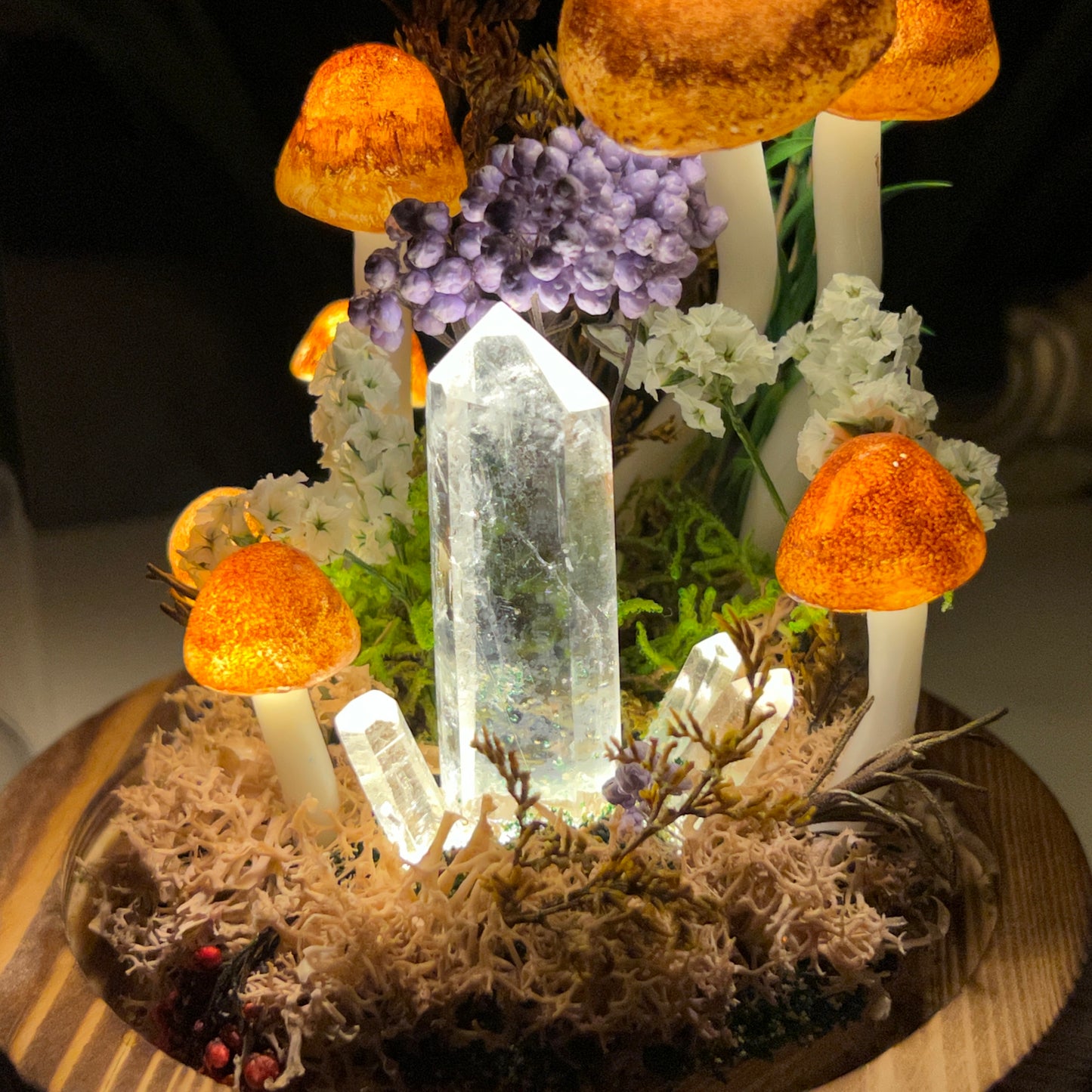 Tower of Light: Natural Clear Quartz Point & Autumnal Forest Night Light | Handmade Crystal Mushroom Lamp