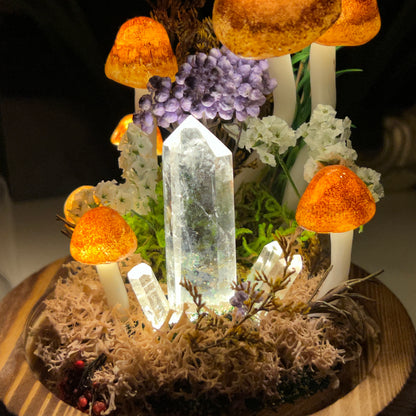 Tower of Light: Natural Clear Quartz Point & Autumnal Forest Night Light | Handmade Crystal Mushroom Lamp