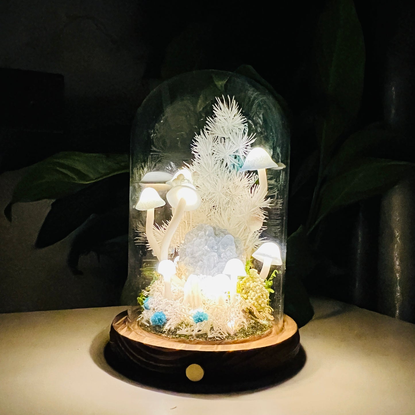Natural Celestite Cluster & Enchanted Snowy Forest night light | Handmade Crystal Mushroom Lamp