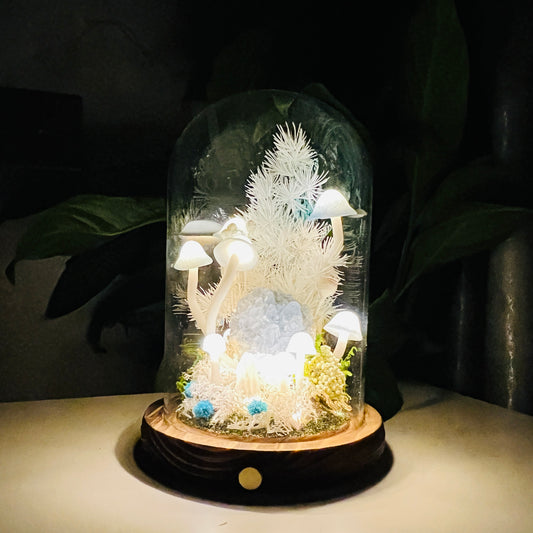 Natural Celestite Cluster & Enchanted Snowy Forest night light | Handmade Crystal Mushroom Lamp