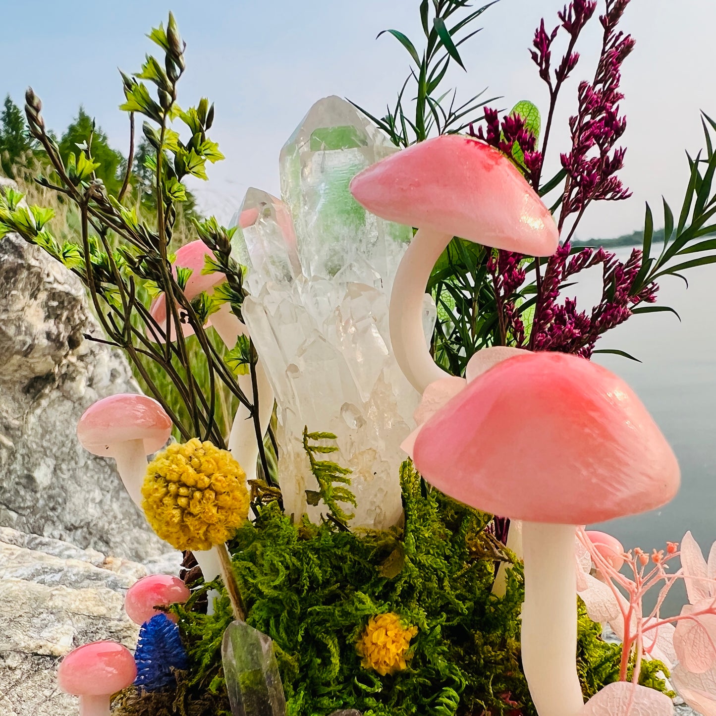 Clear Quartz Cluster Enchanted Forest Night Light | Handmade Crystal Mushroom Lamp