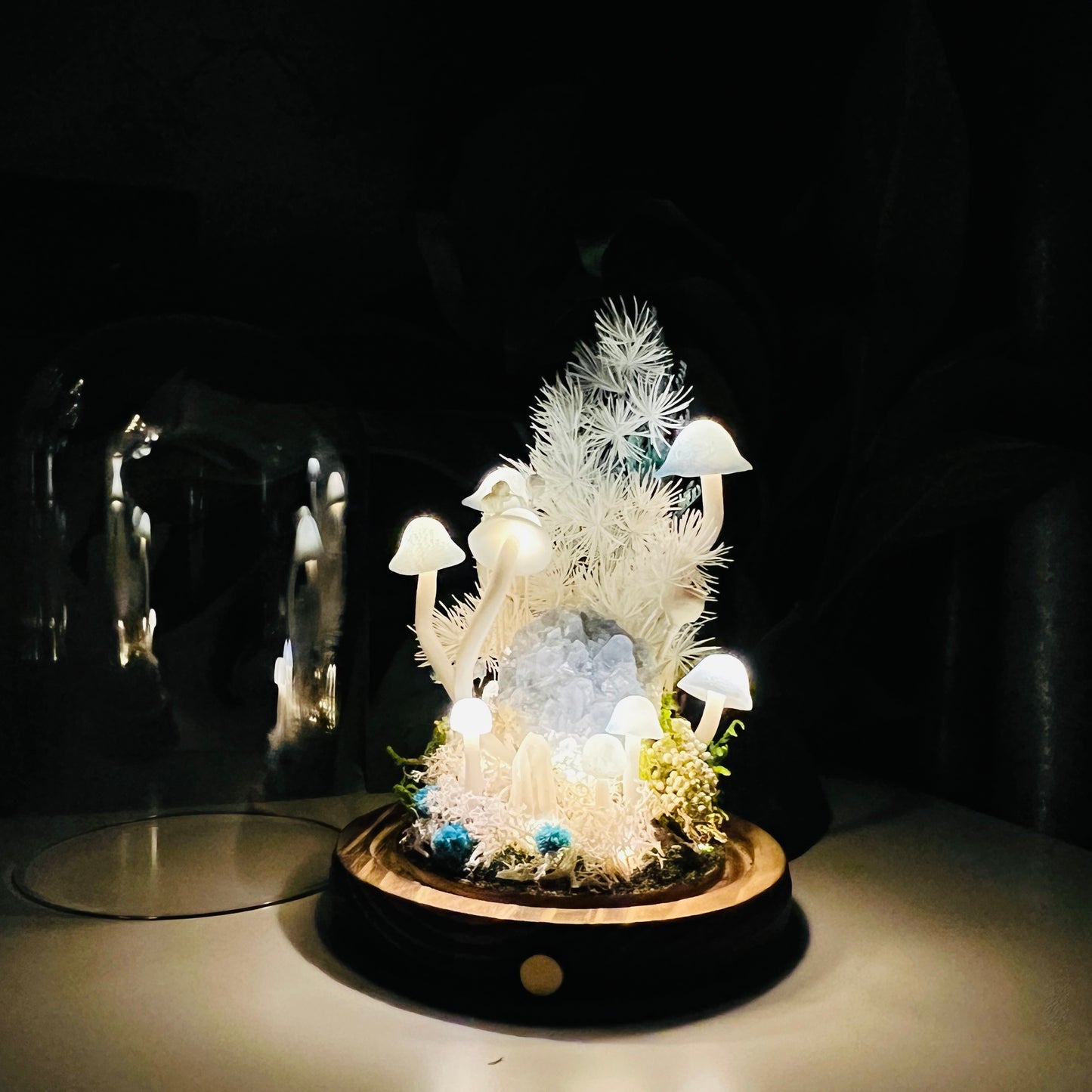 Natural Celestite Cluster & Enchanted Snowy Forest night light | Handmade Crystal Mushroom Lamp