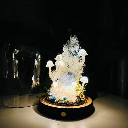 Natural Celestite Cluster & Enchanted Snowy Forest night light | Handmade Crystal Mushroom Lamp