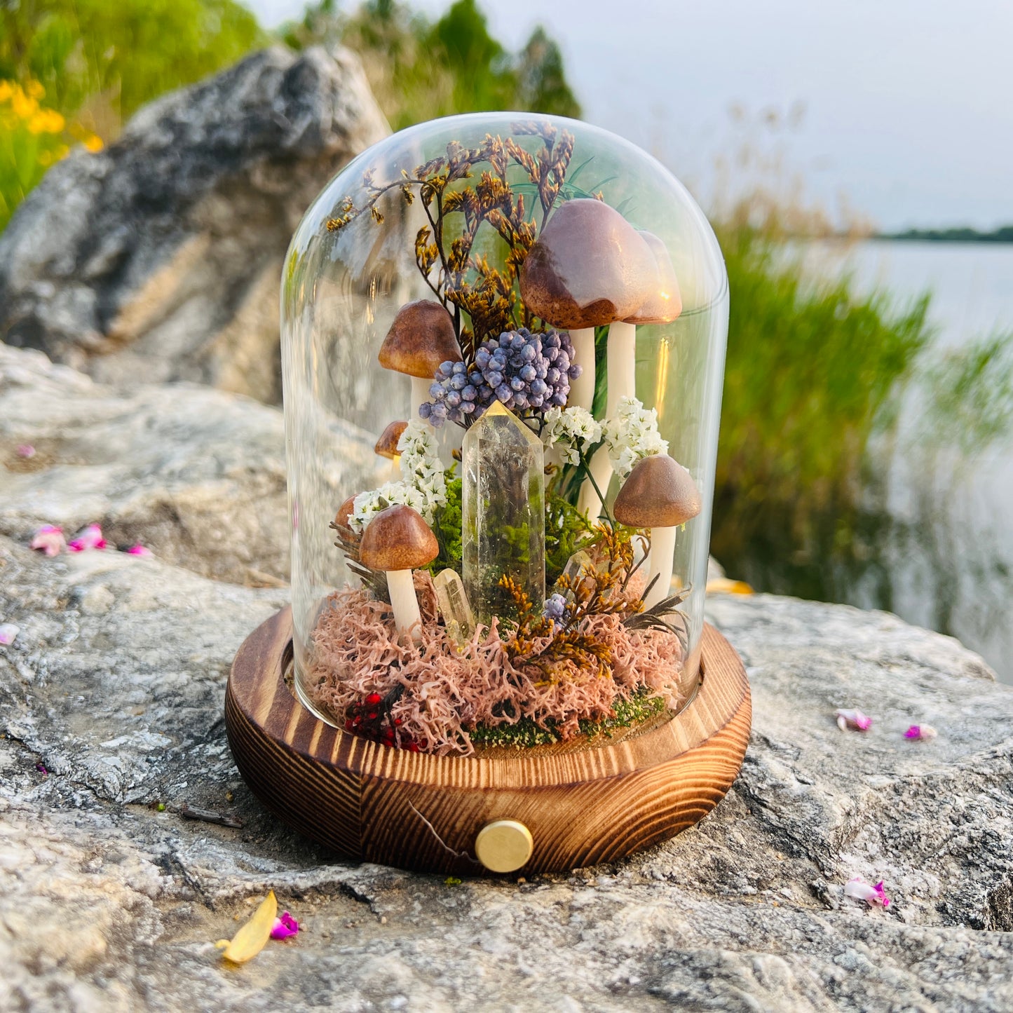 Tower of Light: Natural Clear Quartz Point & Autumnal Forest Night Light | Handmade Crystal Mushroom Lamp