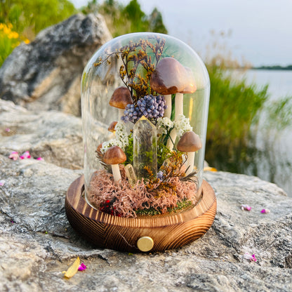 Tower of Light: Natural Clear Quartz Point & Autumnal Forest Night Light | Handmade Crystal Mushroom Lamp