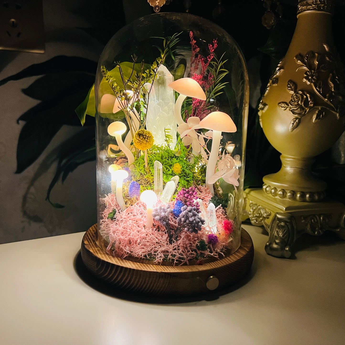 Clear Quartz Cluster Enchanted Forest Night Light | Handmade Crystal Mushroom Lamp