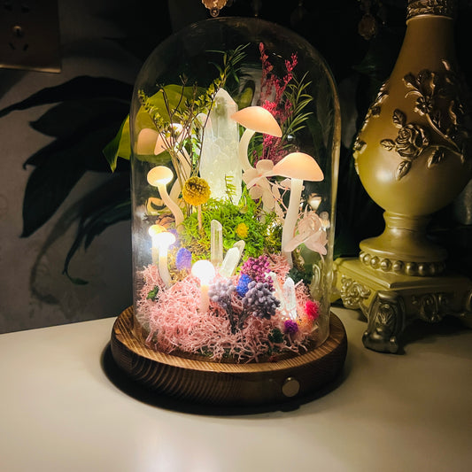 Clear Quartz Cluster Enchanted Forest Night Light | Handmade Crystal Mushroom Lamp