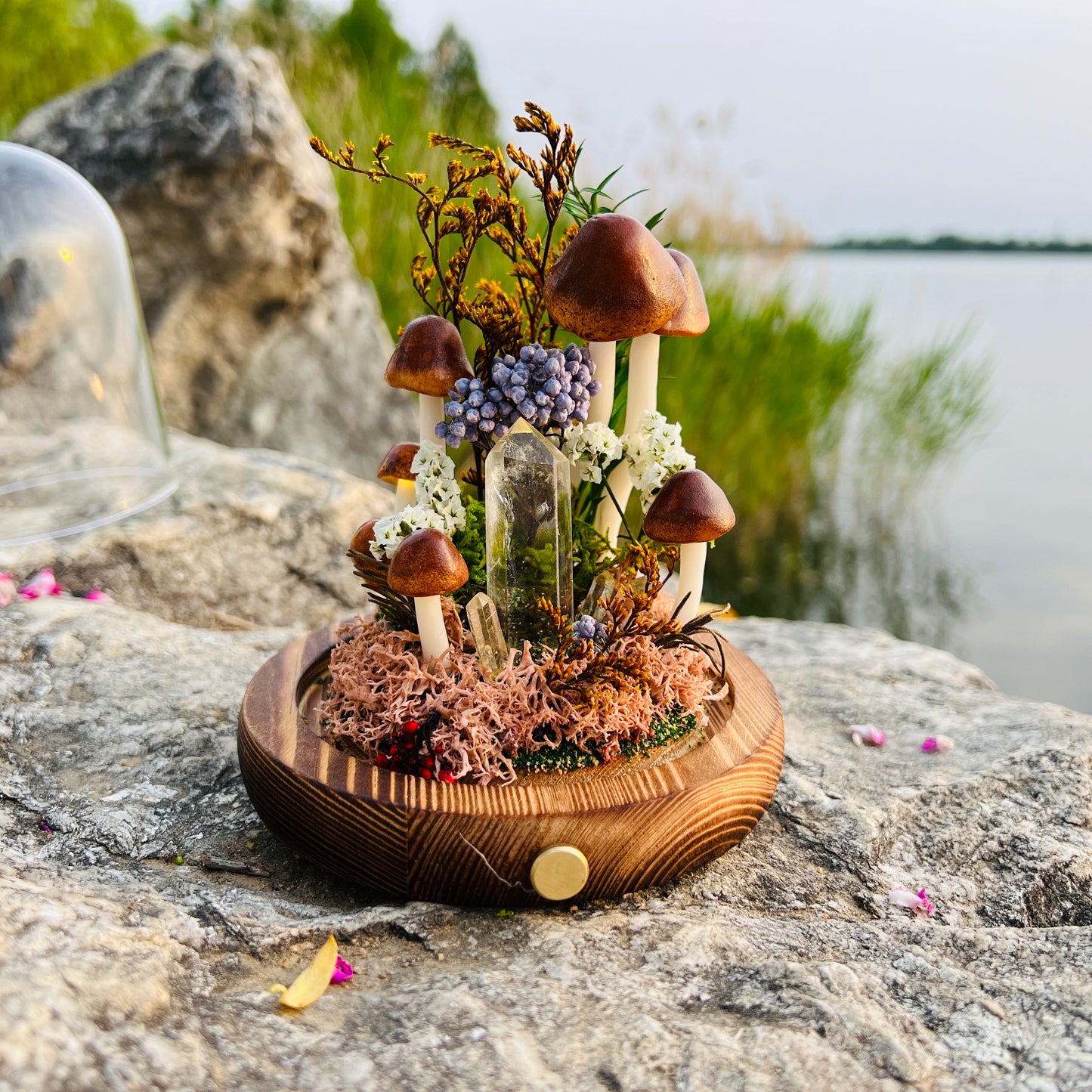 Tower of Light: Natural Clear Quartz Point & Autumnal Forest Night Light | Handmade Crystal Mushroom Lamp