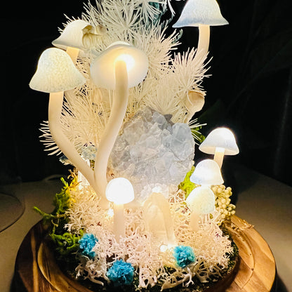 Natural Celestite Cluster & Enchanted Snowy Forest night light | Handmade Crystal Mushroom Lamp