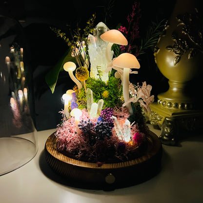 Clear Quartz Cluster Enchanted Forest Night Light | Handmade Crystal Mushroom Lamp