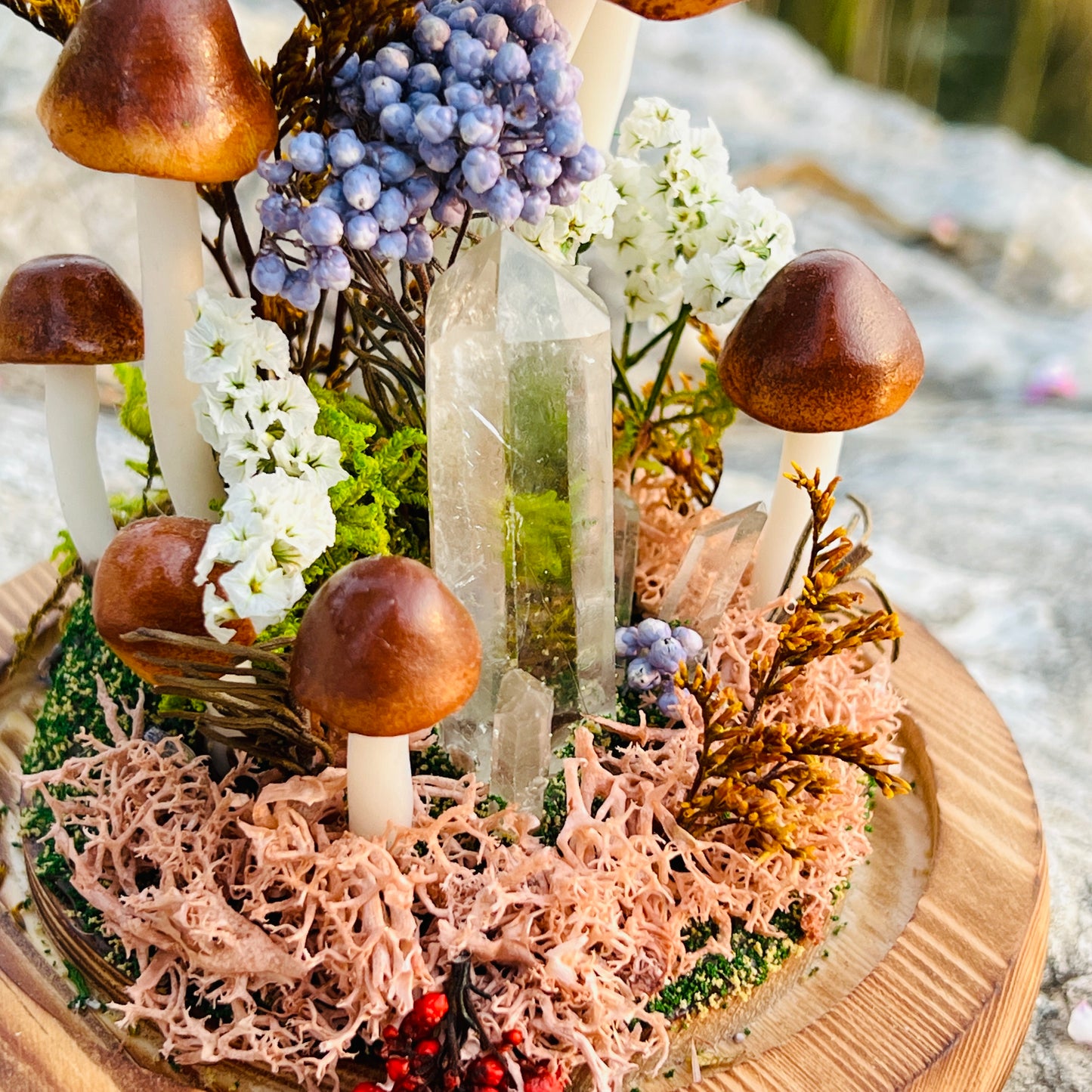 Tower of Light: Natural Clear Quartz Point & Autumnal Forest Night Light | Handmade Crystal Mushroom Lamp