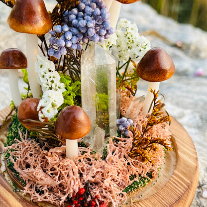 Tower of Light: Natural Clear Quartz Point & Autumnal Forest Night Light | Handmade Crystal Mushroom Lamp